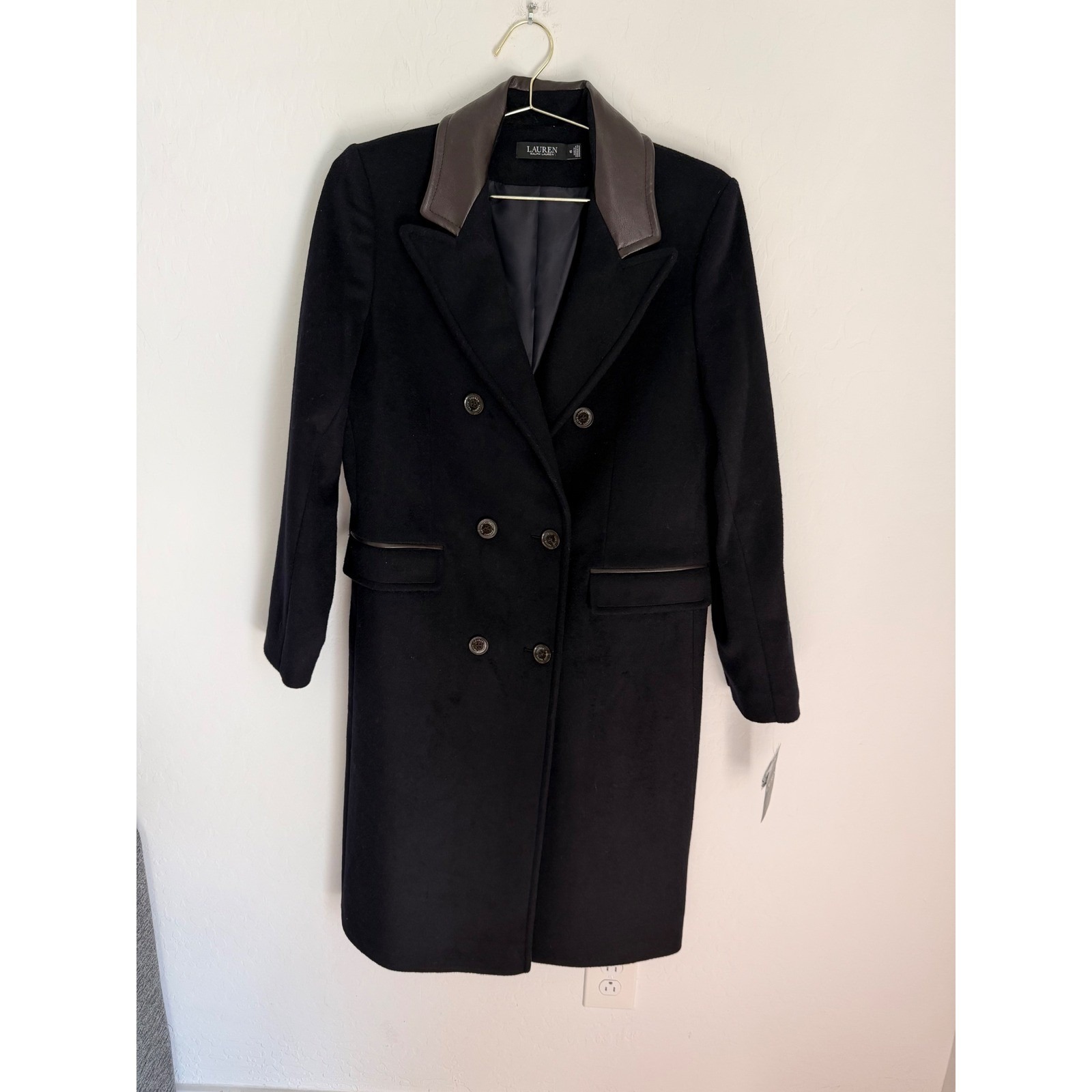 Lauren Ralph Lauren Navy Blue Wool Double Breasted Leather Trim Coat Sz 10 Nwt